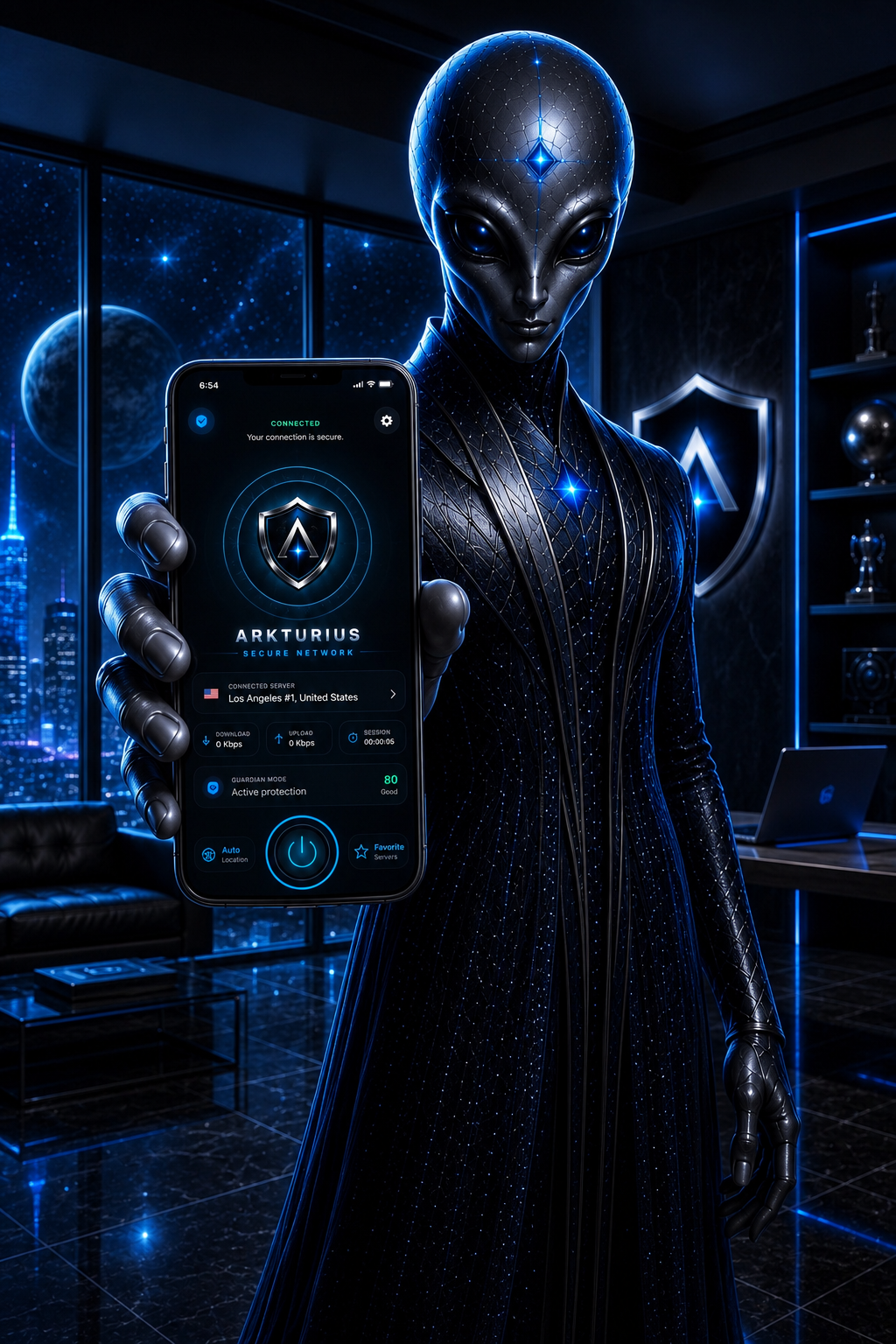 Arkturius presenting the latest Arkturius VPN app with Guardian Mode active