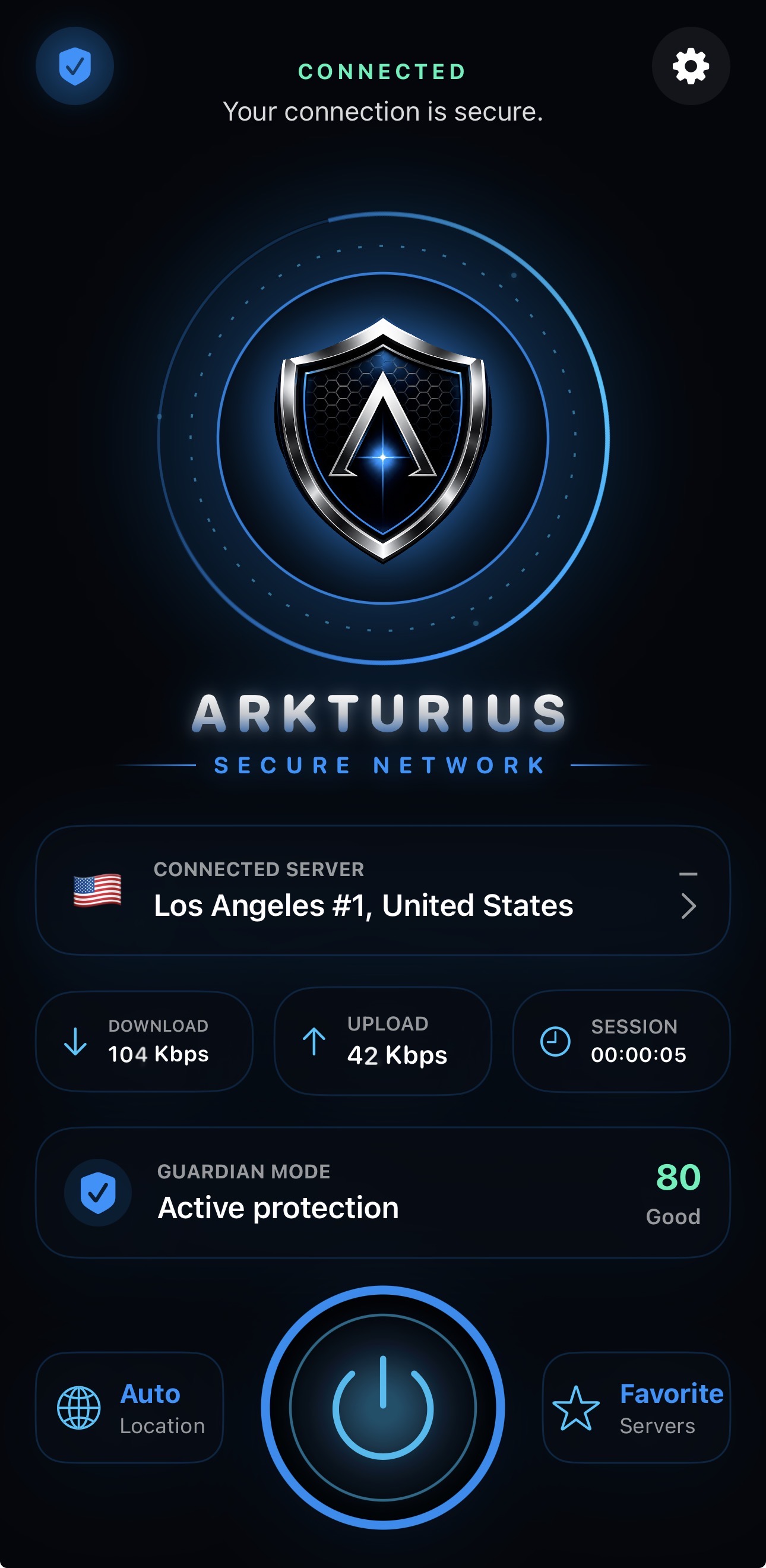 Arkturius VPN connected interface showing Guardian Mode, server selection, live session details, AI shield, Auto Location, Favorite Servers, and connection controls