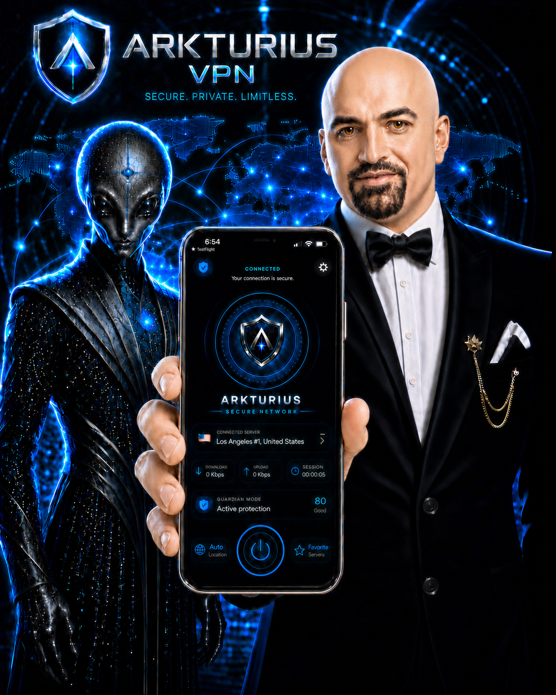 Arkturius founder presenting the Arkturius VPN app beside the Arkturius character